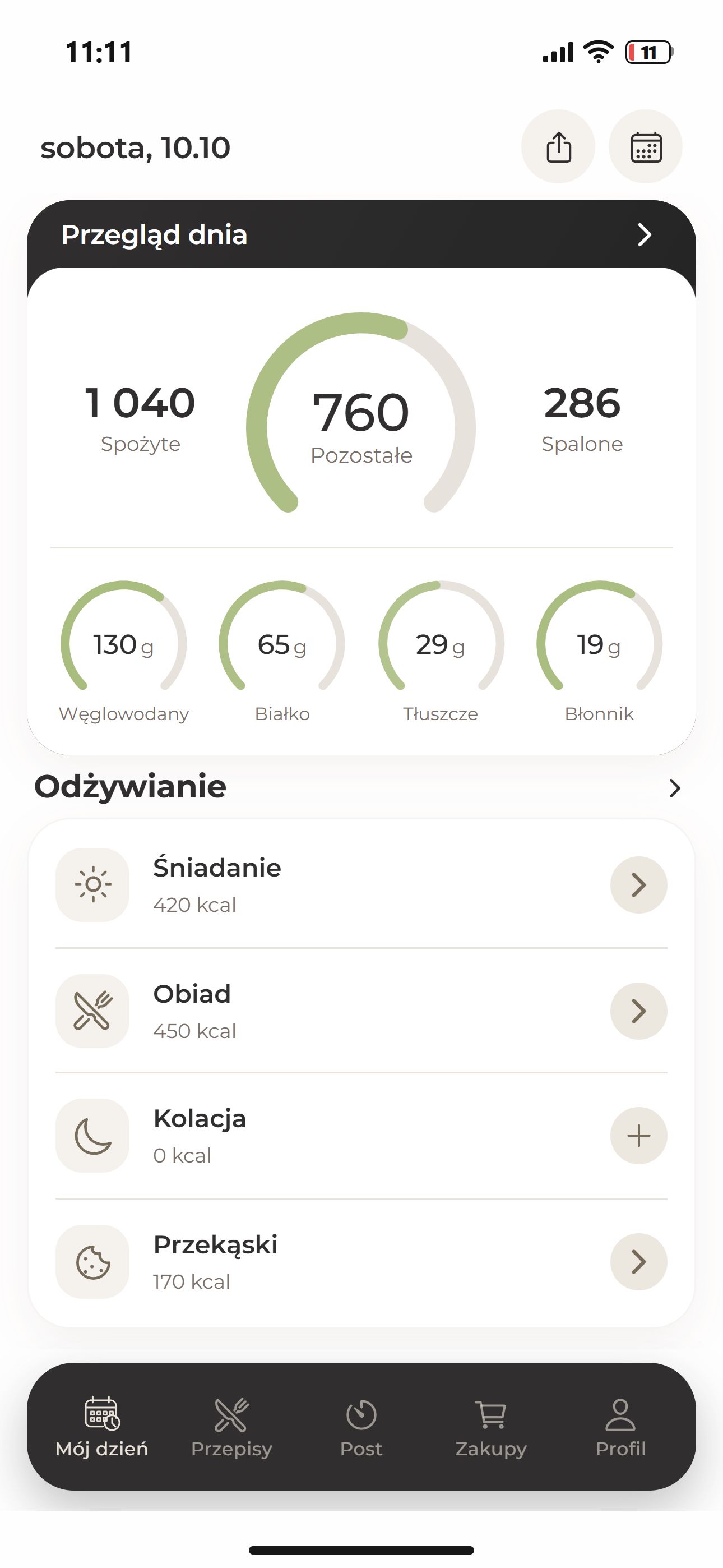 Dziennik posiłków w aplikacji Routina